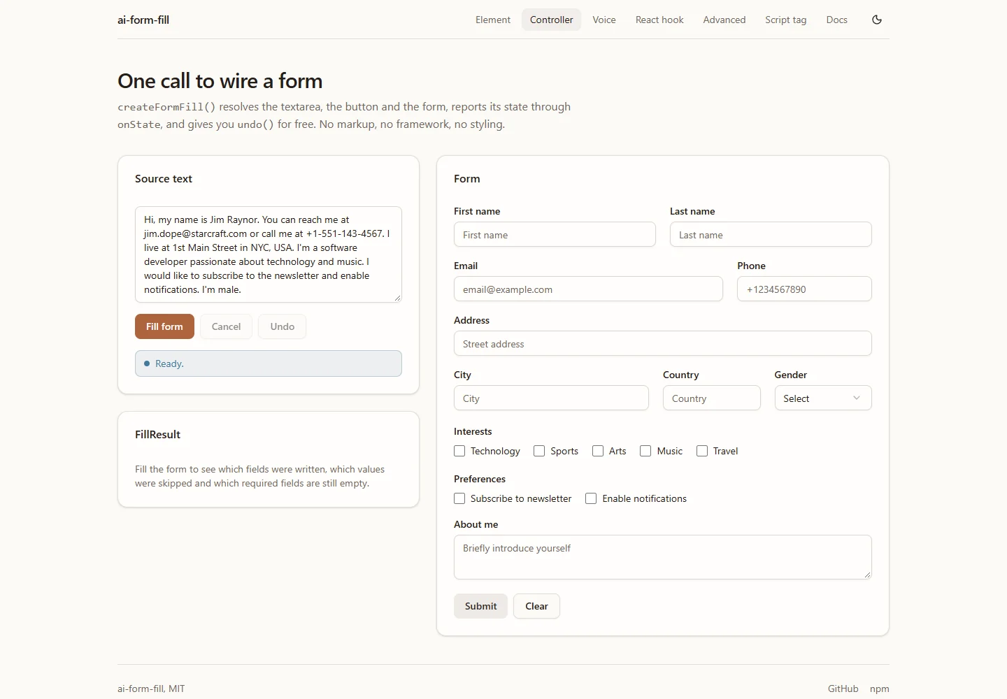 The ai-form-fill development demo with source text beside an empty form and a result panel.