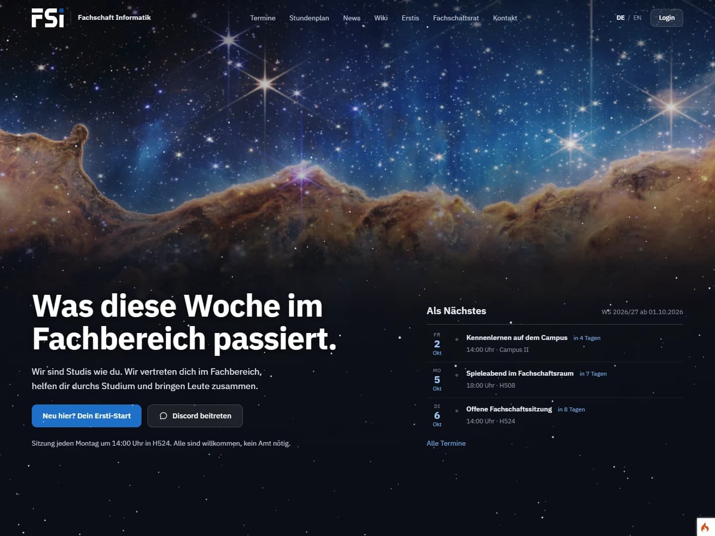 The FSI Trier website homepage with student information and upcoming events.