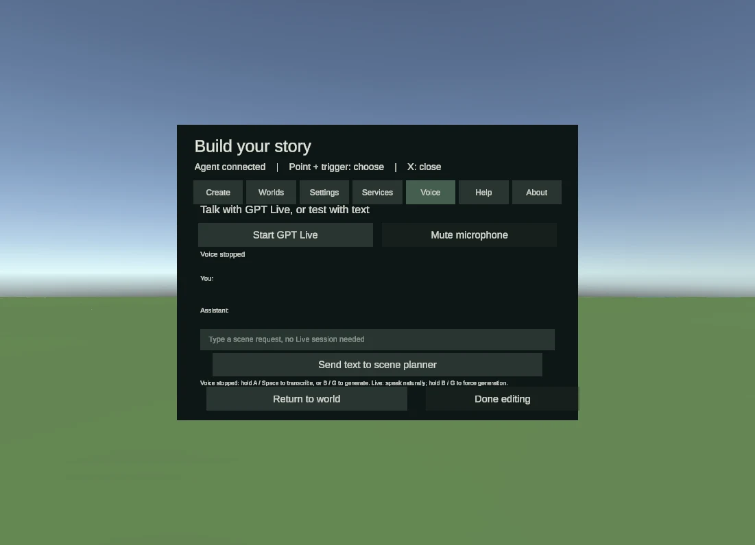The VR scene prototype's voice panel with speech and text controls inside a Unity scene.