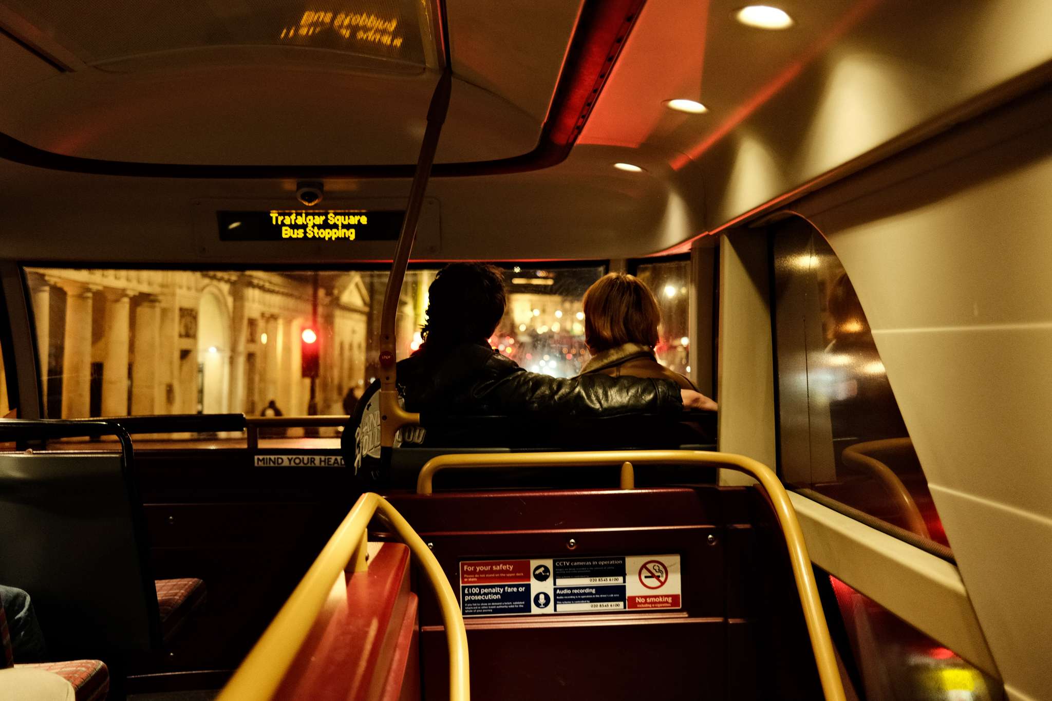 Night bus at Trafalgar Square, London. Shot on Fujifilm X100V.
